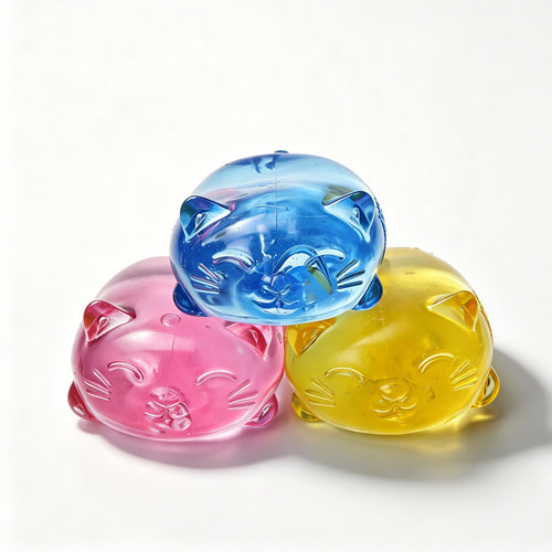 Maltose kitty squishy toys in pink, blue, and yellow