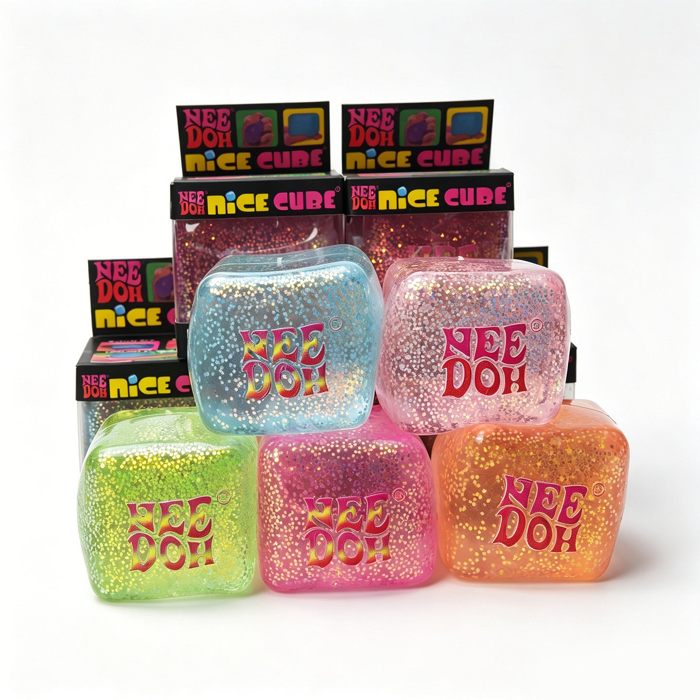 Nee Doh Nice Cube glitter squishy toys in multiple colors with packaging