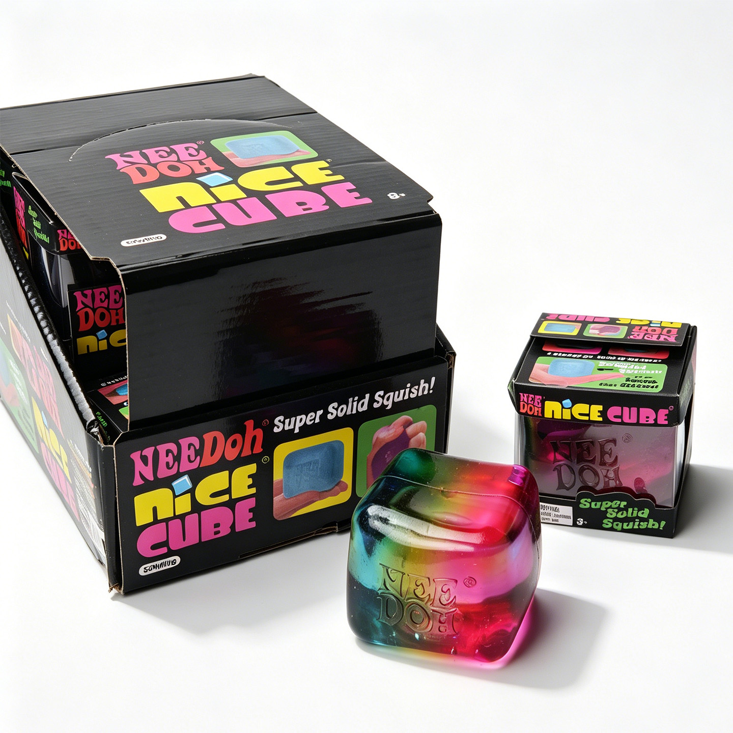 Nee Doh Nice Cube Rainbow squishy toy with multicolor swirl and packaging